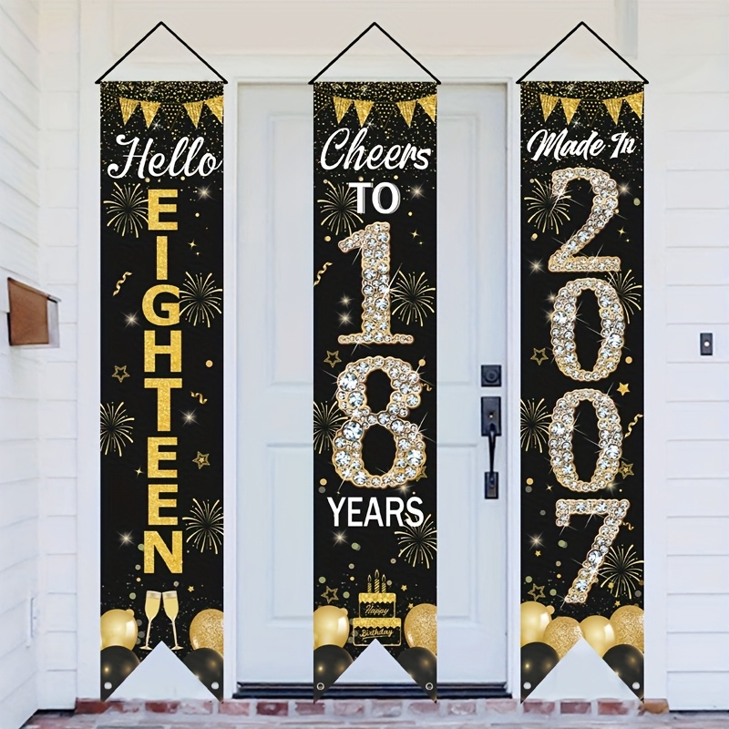 Party Banner Gold - 2D 3-delige 18e verjaardag deurbannerset, zwart